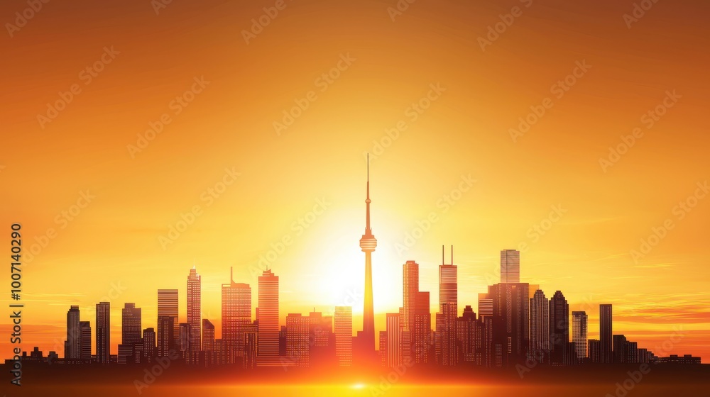 City skyline silhouette with iconic landmarks and tall buildings, set against a fiery orange sunset. City skyline silhouette with iconic landmarks and tall buildings, set against a fiery orange sunset.