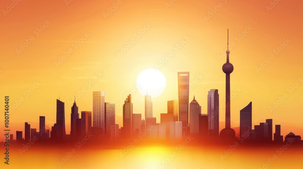 Obraz premium City skyline silhouette with iconic landmarks and tall buildings, set against a fiery orange sunset.