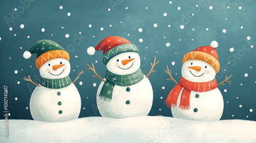 Three Cheerful Snowmen Standing in Snowy Landscape