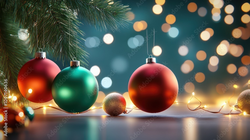 Classic Christmas balls in deep red and emerald green, hanging from a festive tree, surrounded by glowing lights and ornaments. Classic Christmas balls in deep red and emerald green, hanging from a festive tree, surrounded by glowing lights and ornaments.