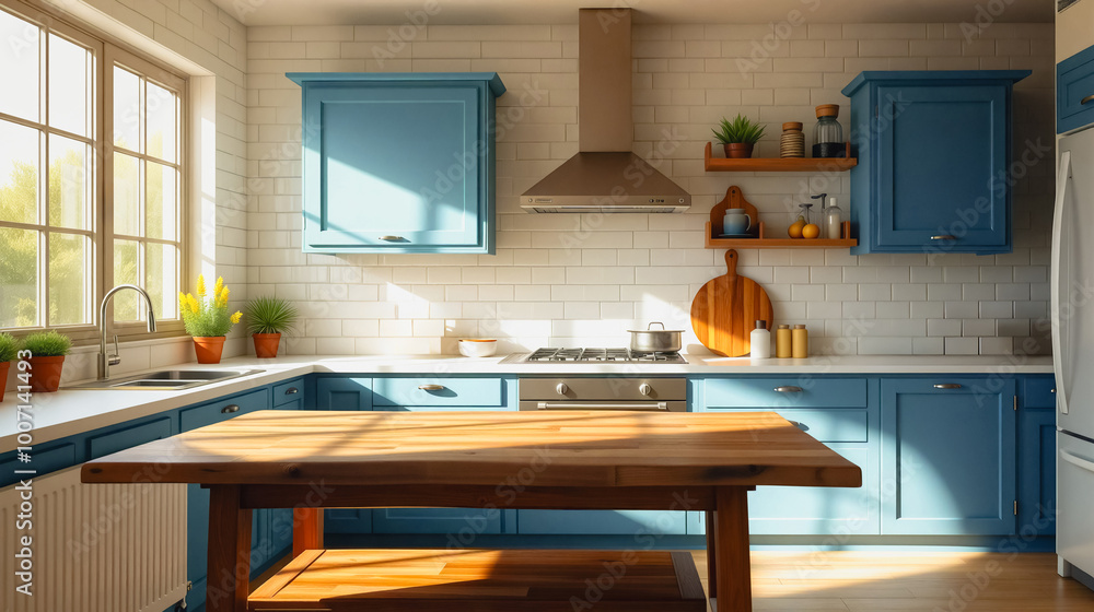 Modern Blue Kitchen with Natural Light, Bright and airy modern kitchen featuring blue cabinets, a wooden island, and a large window letting in natural sunlight. Modern Blue Kitchen with Natural Light, Bright and airy modern kitchen featuring blue cabinets, a wooden island, and a large window letting in natural sunlight.
