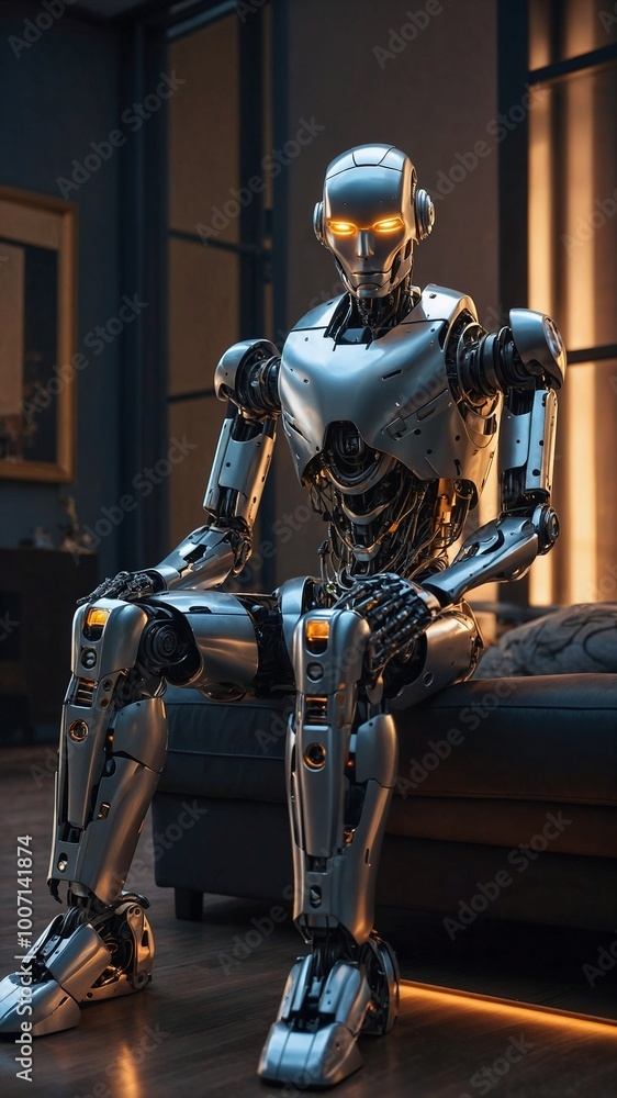futuristic android stands in a modern living room, its metal shell gleaming under the warm ambient light futuristic android stands in a modern living room, its metal shell gleaming under the warm ambient light