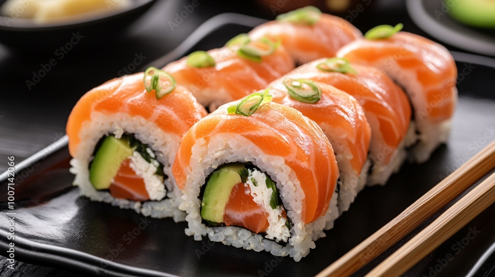 A keto-friendly sushi roll with cauliflower rice, avocado, and smoked salmon, arranged on a sleek black plate with chopsticks A keto-friendly sushi roll with cauliflower rice, avocado, and smoked salmon, arranged on a sleek black plate with chopsticks