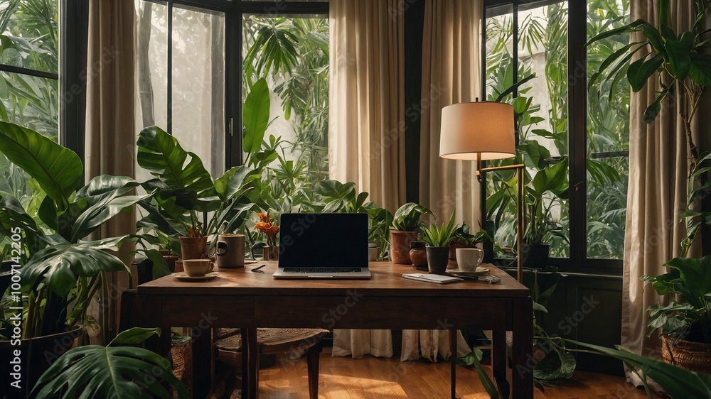 Fototapeta premium A stylish home office setup with a person working on a laptop, surrounded by plants, coffee, and natural light, reflecting the modern remote work trend.