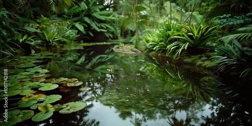 Lush tropical pond with water lilies and dense green foliage reflecting on the calm water surface