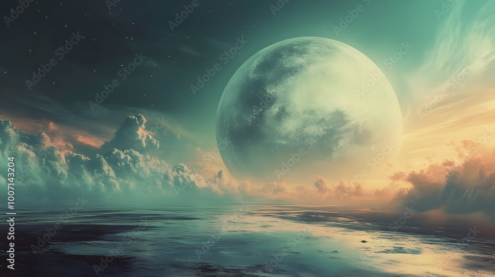 A serene twilight vista unfolds as a colossal moon rises over a tranquil sea, its light casting a gentle glow on the water’s surface and illuminating the distant mountains under a gradient sky. A serene twilight vista unfolds as a colossal moon rises over a tranquil sea, its light casting a gentle glow on the water’s surface and illuminating the distant mountains under a gradient sky.