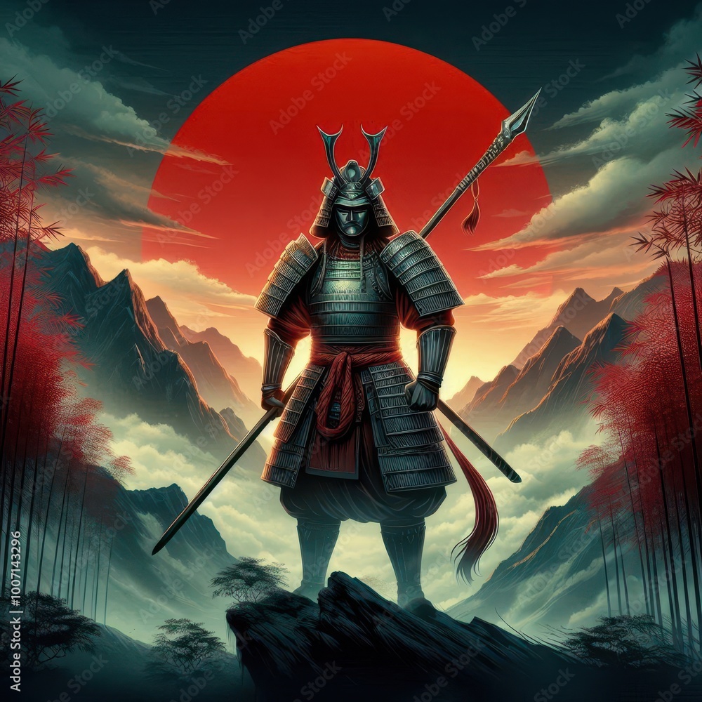 Naklejka premium A samurai stands majestically against a dramatic sunset, embodying strength and tradition.