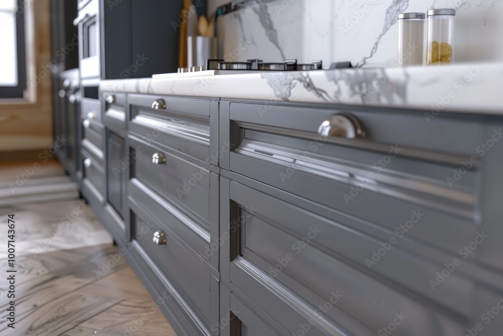 A modern kitchen interior featuring a marble countertop and gray cabinets A modern kitchen interior featuring a marble countertop and gray cabinets