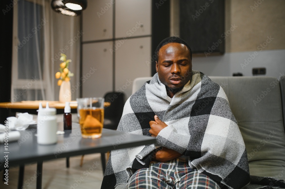 Flu and cold. Ill African American man widow. Cold treatment concept Flu and cold. Ill African American man widow. Cold treatment concept