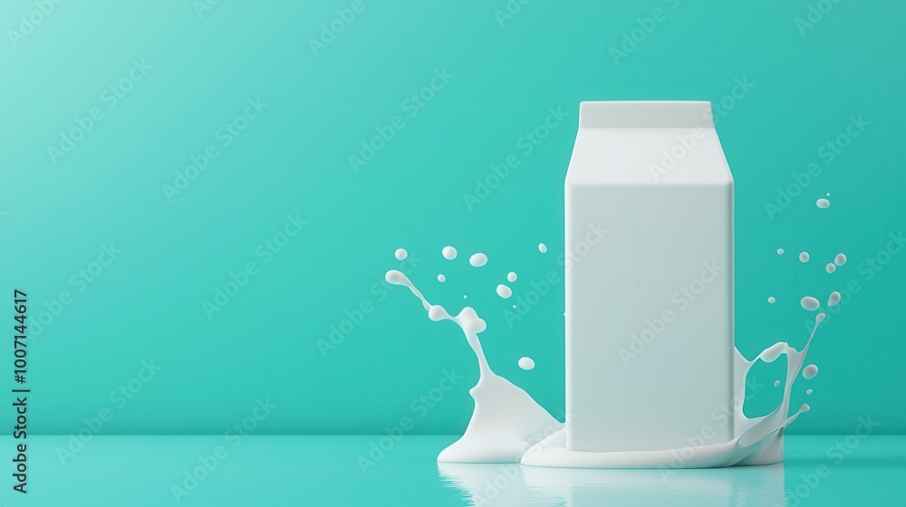 A minimalist milk carton with a splash of milk against a vibrant teal background, conveying freshness and simplicity. A minimalist milk carton with a splash of milk against a vibrant teal background, conveying freshness and simplicity.