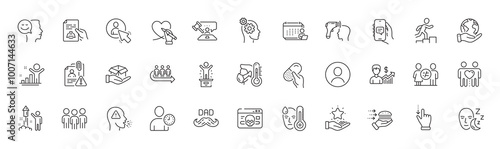 Fever, Food delivery and Thoughts line icons. Pack of Chat app, Friends couple, Leader run icon. Time management, Winner, Social care pictogram. Business growth, Technical documentation. Vector