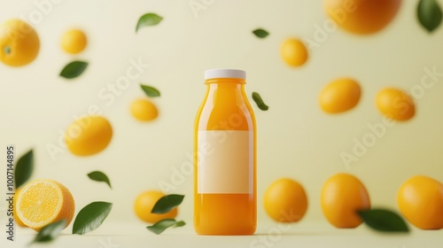 A vibrant, refreshing orange juice bottle surrounded by floating oranges and leaves, evoking a sense of freshness and natural goodness.