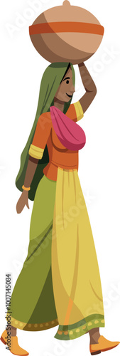 Indian woman walking and carrying earthen pot on her head