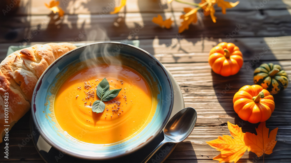 Steaming Orange Soup with Autumn Leaves, A rustic wooden table is set with a bowl of steaming orange soup garnished with fresh basil and accompanied by a piece of bread and spoon. Steaming Orange Soup with Autumn Leaves, A rustic wooden table is set with a bowl of steaming orange soup garnished with fresh basil and accompanied by a piece of bread and spoon.