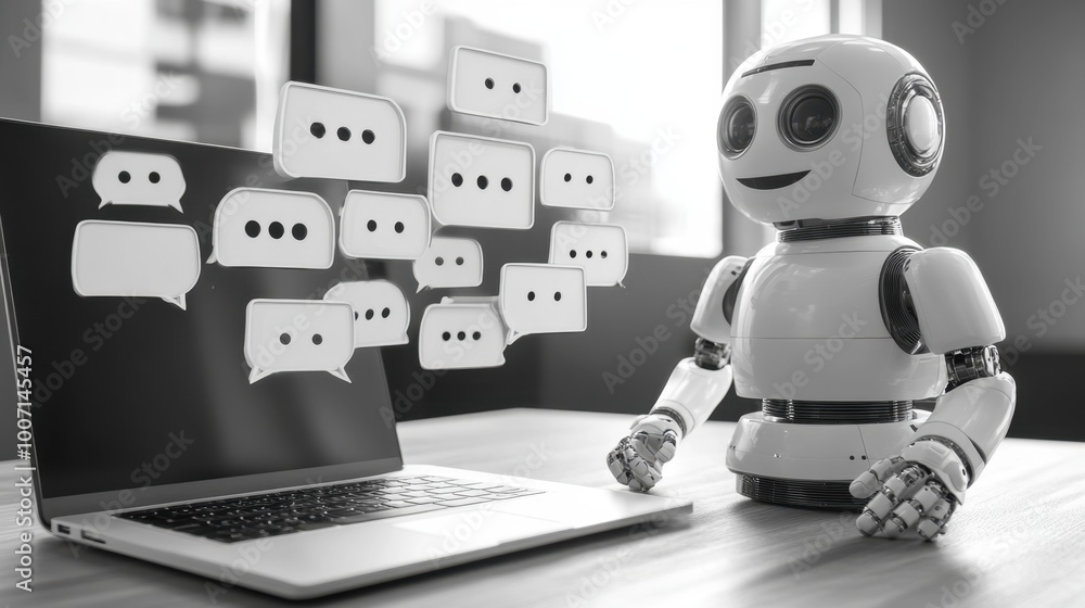 Fototapeta premium Small AI assistant chatbot stands next to a laptop and waits for prompts to help with work