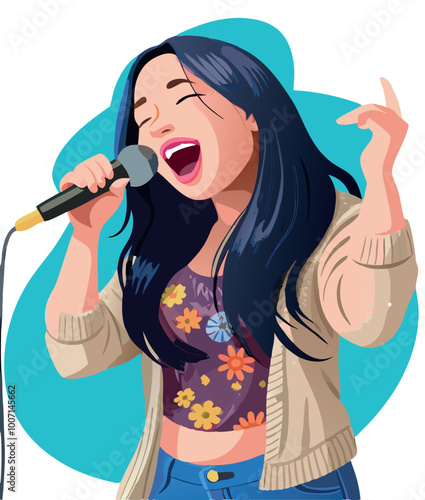 Young woman holding microphone singing with passionate expression
