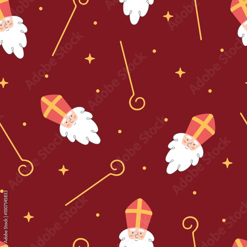Seamless pattern with Sinterklaas or Saint Nicholas face, his staff and stars on dark red background. Hand drawn winter holiday theme wallpaper. Saint Nicholas Day. Vector illustration.