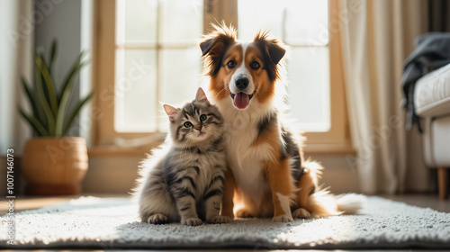 Playful Pup & Curious Cat Cuddle on Rug, A happy dog and a curious cat sit together on a soft rug in a sunlit room. The dog gazes playfully at the camera while the cat observes with intense eyes.