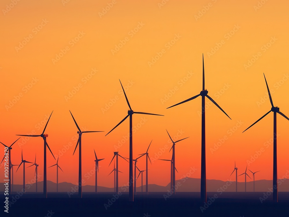 Fototapeta premium A serene landscape featuring numerous wind turbines silhouetted against a vibrant sunset sky, illustrating sustainable energy production.