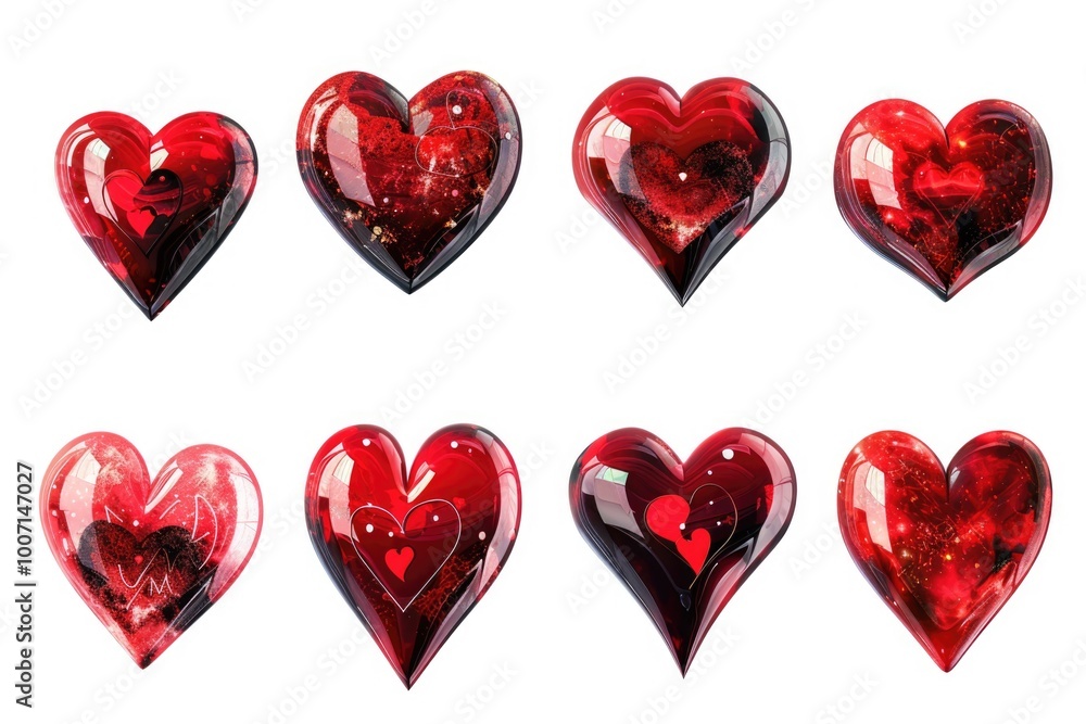 Six red glass hearts arranged on a plain white surface, great for romantic or celebratory scenes Six red glass hearts arranged on a plain white surface, great for romantic or celebratory scenes