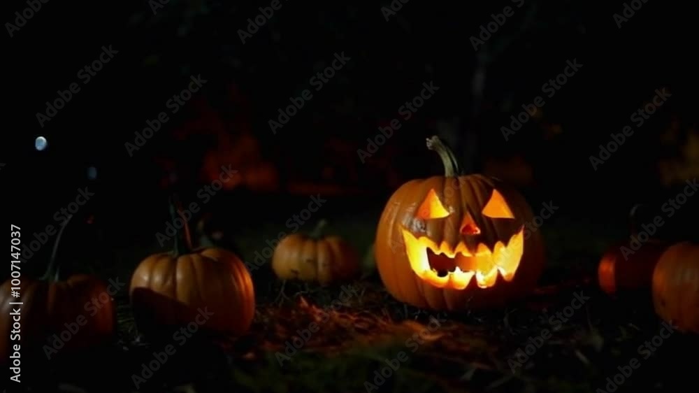 Eerie Halloween Night: Glowing Pumpkin with Scary Face Eerie Halloween Night: Glowing Pumpkin with Scary Face