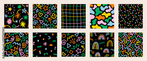 Collection of retro 80s, 90s colorful vector seamless patterns. Doodle fun kid backgrounds. Childish cute hand drawn design useful for fabric, textile, cover, banner, label, print, wrapping, wallpaper