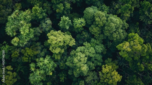 Panoramic shot of dense forest with numerous green trees, ideal for environmental or nature-themed projects