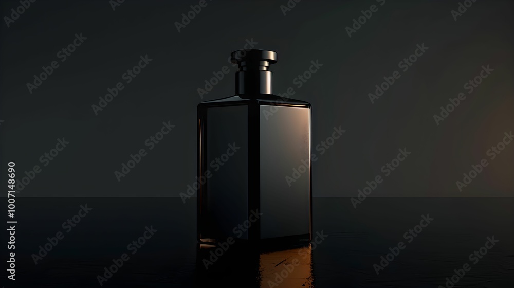 A sleek black glass bottle reflecting warm light on a dark surface in a minimalistic setting A sleek black glass bottle reflecting warm light on a dark surface in a minimalistic setting