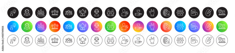 Inspect, Group and Consultant line icons. Round icon gradient buttons. Pack of Teamwork, Eye drops, Brand icon. Hold document, Find user, Video conference pictogram. Vector Inspect, Group and Consultant line icons. Round icon gradient buttons. Pack of Teamwork, Eye drops, Brand icon. Hold document, Find user, Video conference pictogram. Vector