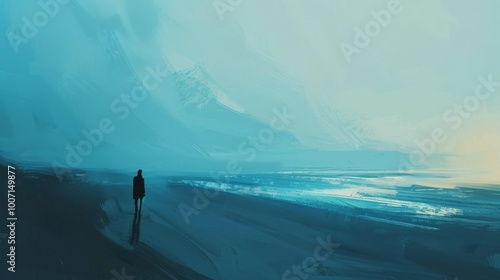 Lone man on a beach at twilight with serene blue tones, tranquil ocean, and vast sky, evoking peaceful solitude and calm for travel and relaxation themes