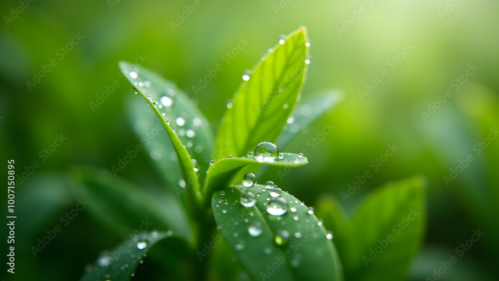 Fototapeta premium Close-up of fresh green leaves with dew drops, highlighting their vibrant texture in natural light