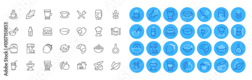Food, Ice cream and Cognac bottle line icons pack. Pasta, Food delivery, Croissant web icon. Gluten free, Teapot, Seafood pictogram. Acorn, Potato chips, Grill. Water cooler, Espresso. Vector