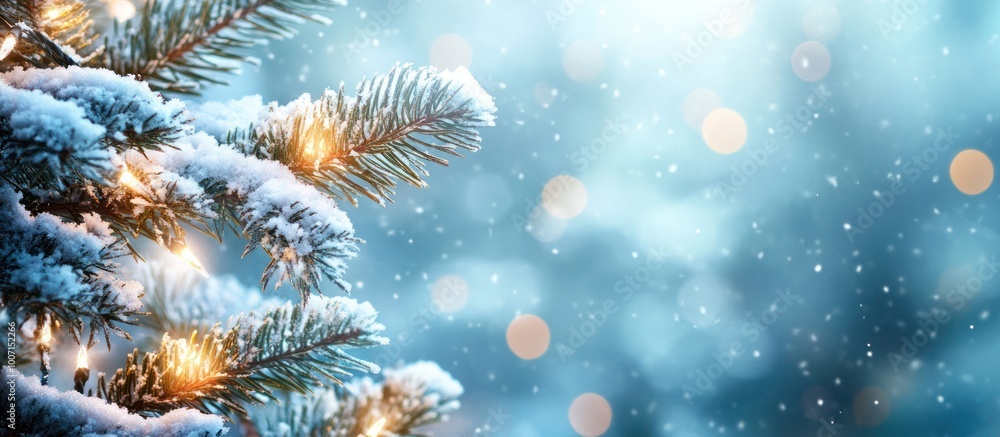 Snowy evergreen tree branch with glowing lights against a blurry winter background. Snowy evergreen tree branch with glowing lights against a blurry winter background.