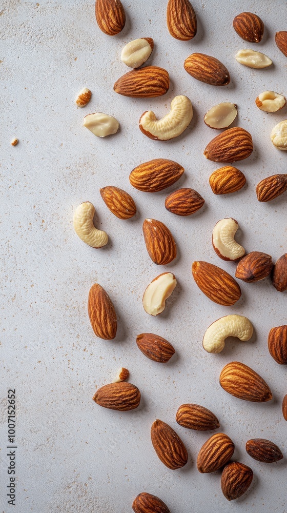 Mixed almonds and cashews on a light textured surface Mixed almonds and cashews on a light textured surface