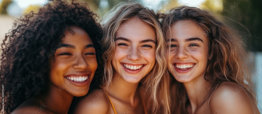 Three diverse women smiling at the camera with their arms around each other. Three diverse women smiling at the camera with their arms around each other.