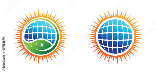 Solar Energy Logo with Sun and Globe for Sustainable Living, solar logo. green energy concept. solar logo in round circle vector design