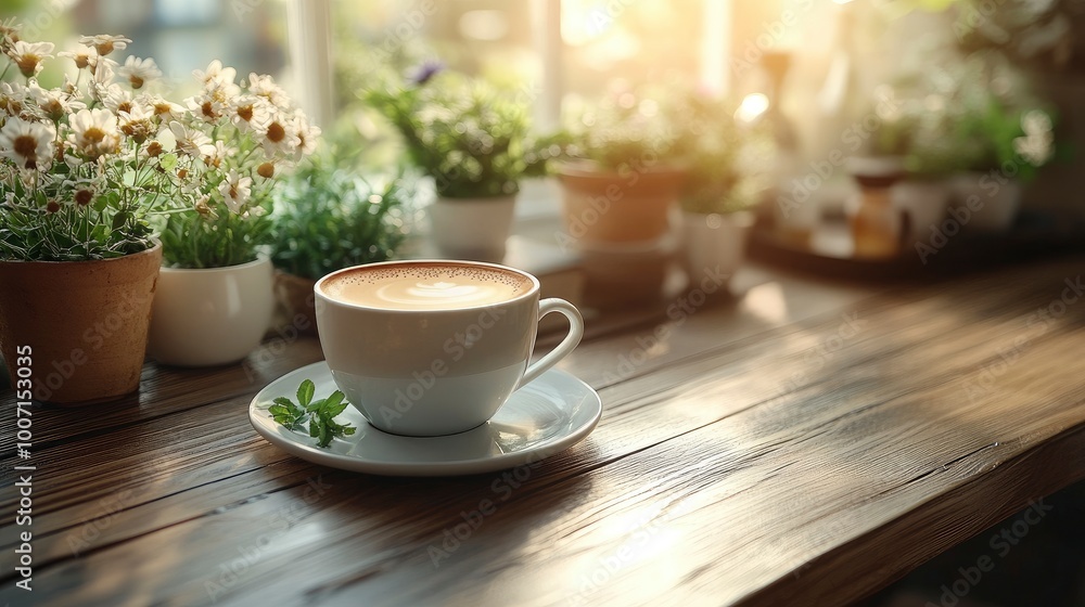 Cup of Coffee on a Wooden Table with Sunlight Streaming Through Window Cup of Coffee on a Wooden Table with Sunlight Streaming Through Window