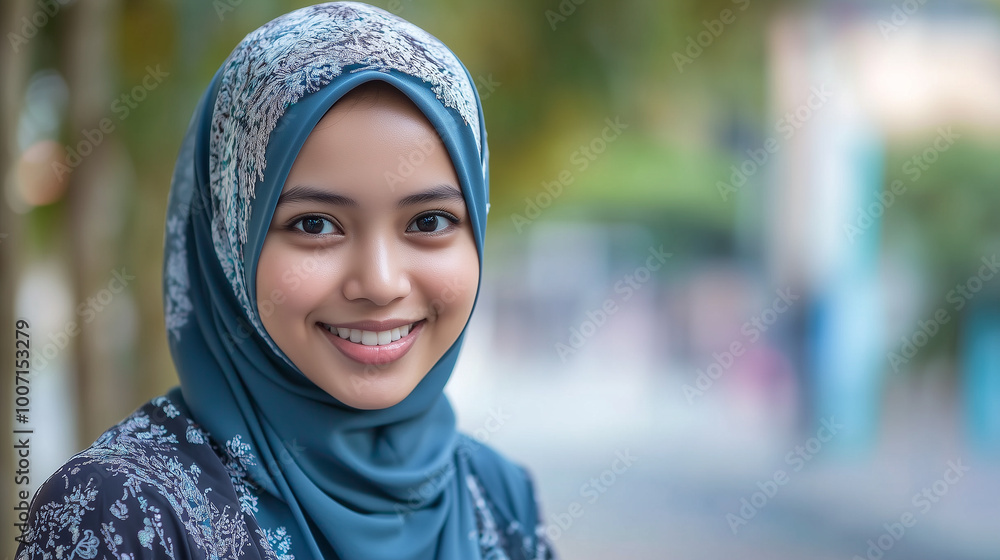Młoda muzułmanka w eleganckim hijabie z szerokim uśmiechem na twarzy, prezentuje siebie z pełnym entuzjazmem. Młoda muzułmanka w eleganckim hijabie z szerokim uśmiechem na twarzy, prezentuje siebie z pełnym entuzjazmem.
