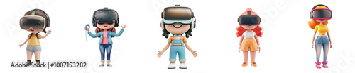 White woman mascot using VR, 3D cartoon illustration, isolated on transparent background, cute animated style, beautiful colors, generative ai