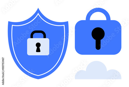 Two locks on a shield and a briefcase represent security. A cloud signifies online storage. Ideal for digital protection, cybersecurity, data privacy, online safety, and secure access. Simple