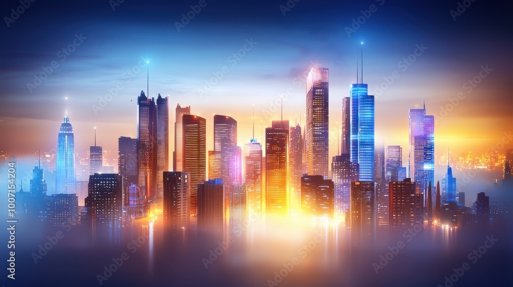 Dramatic night city skyline with a clear view of illuminated skyscrapers and bright streetlights. Dramatic night city skyline with a clear view of illuminated skyscrapers and bright streetlights.