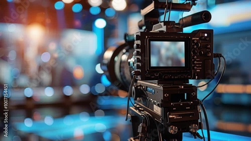 Professional digital video camera is recording a tv show with blurred presenters and musicians on the stage as background photo