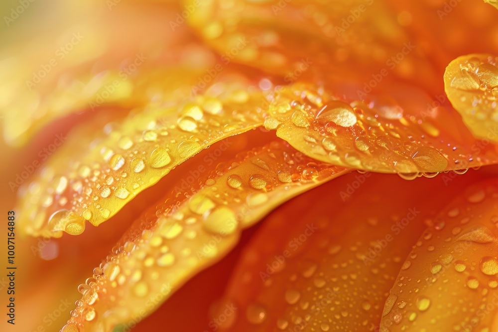 Macro Capture of Dew-Covered Marigold Petal for Nature Photography, Print, Poster Design Macro Capture of Dew-Covered Marigold Petal for Nature Photography, Print, Poster Design