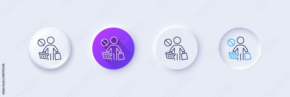 Stop shopping line icon. Neumorphic, Purple gradient, 3d pin buttons. No panic buying sign. Man with shopping cart symbol. Line icons. Neumorphic buttons with outline signs. Vector Stop shopping line icon. Neumorphic, Purple gradient, 3d pin buttons. No panic buying sign. Man with shopping cart symbol. Line icons. Neumorphic buttons with outline signs. Vector