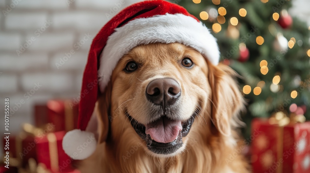 happy golden retriever dog wearing a Santa hat, sitting near a Christmas tree with presents happy golden retriever dog wearing a Santa hat, sitting near a Christmas tree with presents