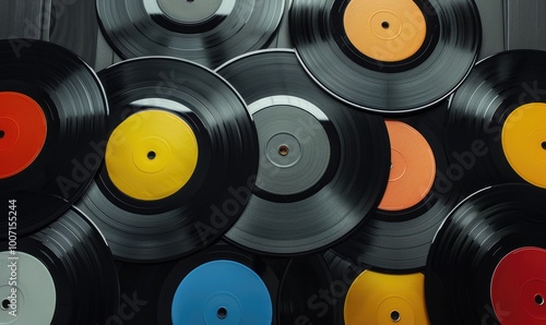 A vibrant array of colorful vinyl records scattered, showcasing an artistic and playful arrangement that captures the spirit of retro music culture and timeless design.