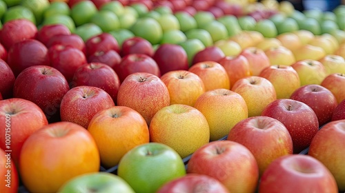 Different varieties of apples on a tray in a store or market. A bunch of fresh fruit close-up, top view. Natural background. Food ecology and agriculture. Illustration for advertising or marketing.