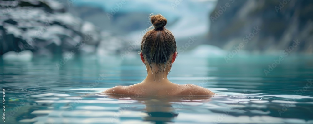 A unique scene featuring a person's back as they swim in a serene icy lake, surrounded by rugged mountain scenery with a topknot hairstyle A unique scene featuring a person's back as they swim in a serene icy lake, surrounded by rugged mountain scenery with a topknot hairstyle