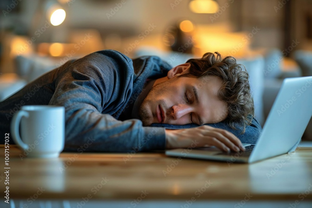 close-up photo of a tired businessman sleeping over his office desk with a laptop open in front of him. close-up photo of a tired businessman sleeping over his office desk with a laptop open in front of him.