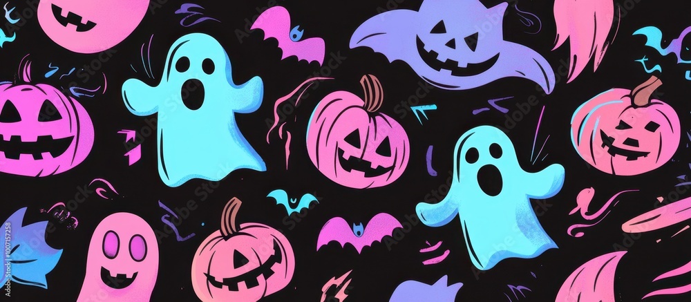 Cute pink and blue cartoon ghosts, pumpkins, and bats on a black background The color palette features a cute, pink and purple tone with a blacklight or neon light Generative AI Cute pink and blue cartoon ghosts, pumpkins, and bats on a black background The color palette features a cute, pink and purple tone with a blacklight or neon light Generative AI